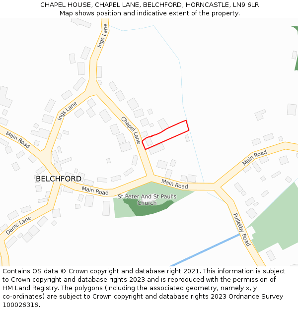 CHAPEL HOUSE, CHAPEL LANE, BELCHFORD, HORNCASTLE, LN9 6LR: Location map and indicative extent of plot