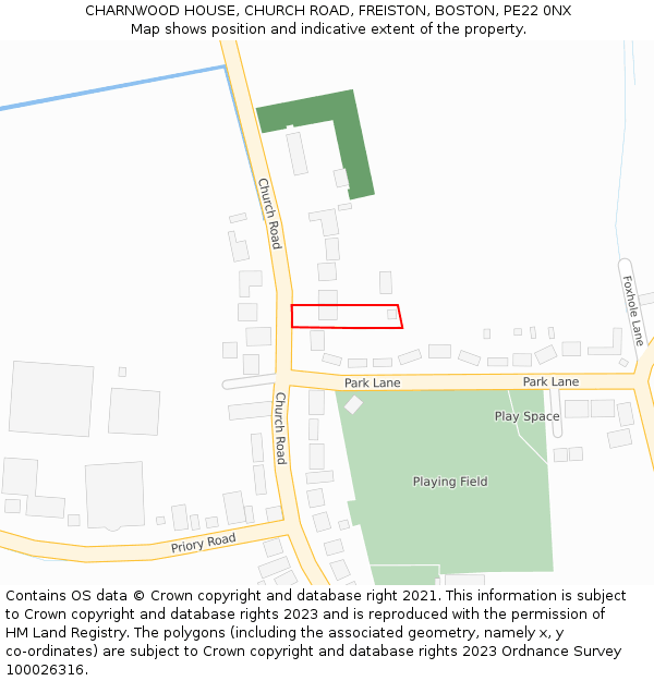 CHARNWOOD HOUSE, CHURCH ROAD, FREISTON, BOSTON, PE22 0NX: Location map and indicative extent of plot
