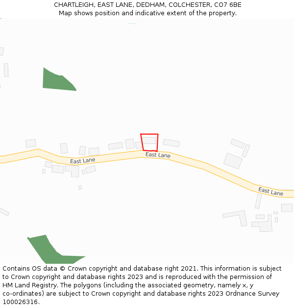 CHARTLEIGH, EAST LANE, DEDHAM, COLCHESTER, CO7 6BE: Location map and indicative extent of plot