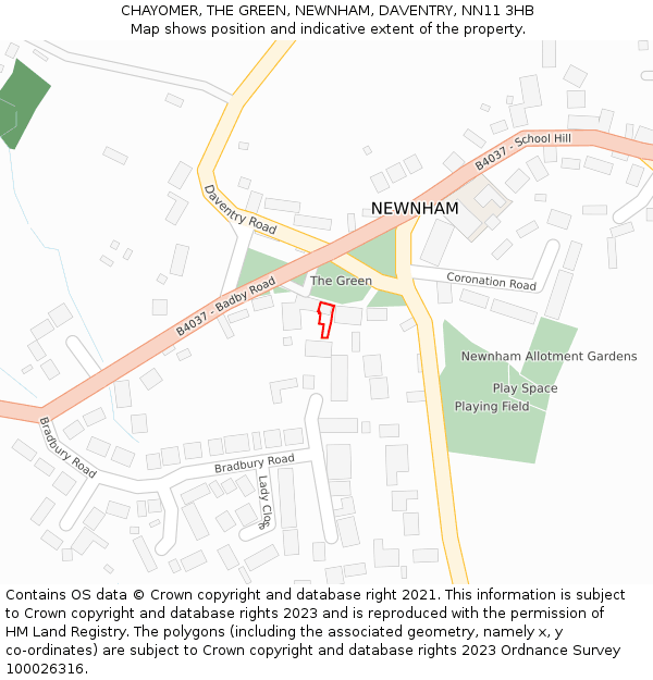 CHAYOMER, THE GREEN, NEWNHAM, DAVENTRY, NN11 3HB: Location map and indicative extent of plot