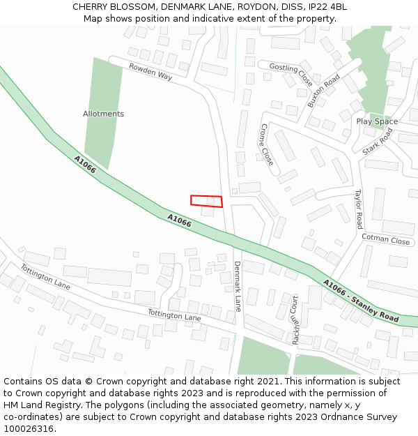CHERRY BLOSSOM, DENMARK LANE, ROYDON, DISS, IP22 4BL: Location map and indicative extent of plot