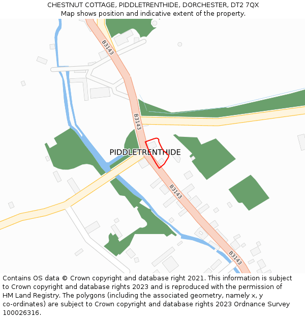 CHESTNUT COTTAGE, PIDDLETRENTHIDE, DORCHESTER, DT2 7QX: Location map and indicative extent of plot