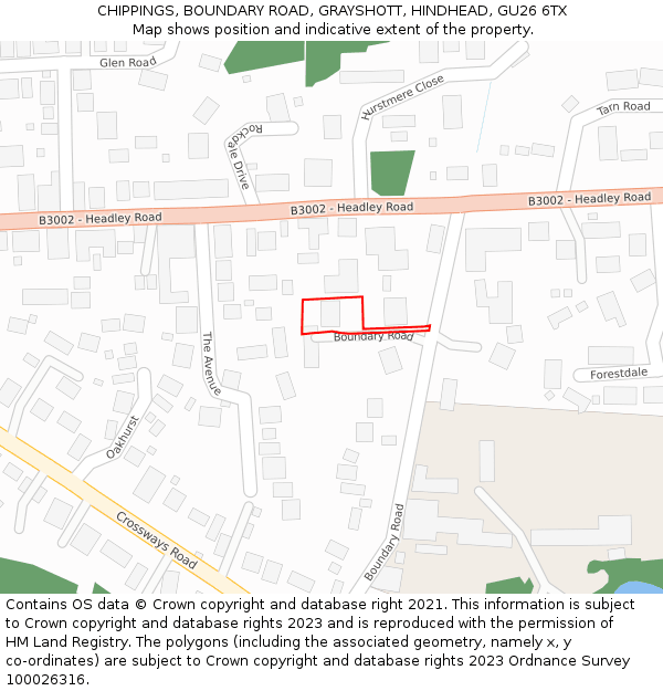 CHIPPINGS, BOUNDARY ROAD, GRAYSHOTT, HINDHEAD, GU26 6TX: Location map and indicative extent of plot