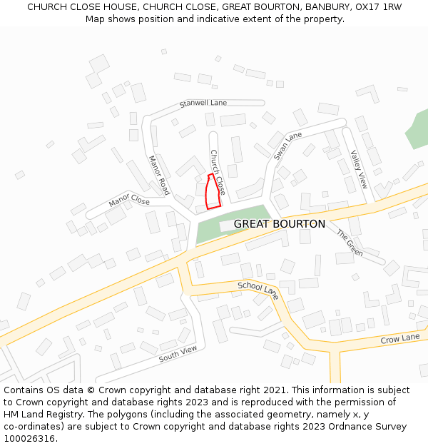 CHURCH CLOSE HOUSE, CHURCH CLOSE, GREAT BOURTON, BANBURY, OX17 1RW: Location map and indicative extent of plot