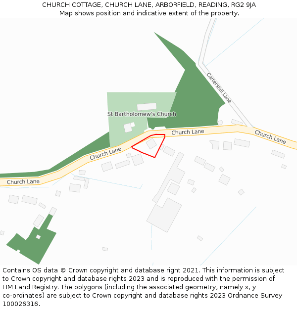 CHURCH COTTAGE, CHURCH LANE, ARBORFIELD, READING, RG2 9JA: Location map and indicative extent of plot
