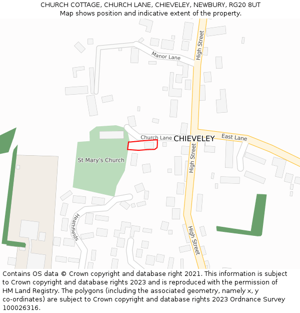 CHURCH COTTAGE, CHURCH LANE, CHIEVELEY, NEWBURY, RG20 8UT: Location map and indicative extent of plot