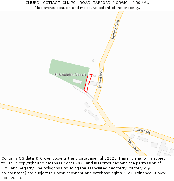CHURCH COTTAGE, CHURCH ROAD, BARFORD, NORWICH, NR9 4AU: Location map and indicative extent of plot