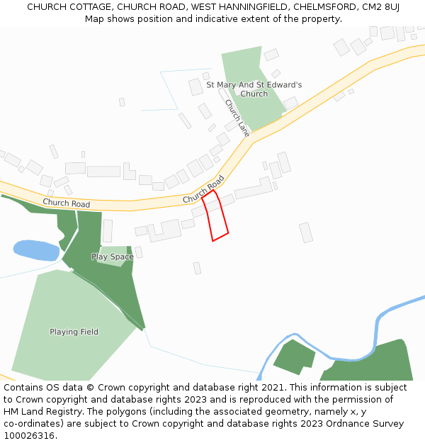 CHURCH COTTAGE, CHURCH ROAD, WEST HANNINGFIELD, CHELMSFORD, CM2 8UJ: Location map and indicative extent of plot