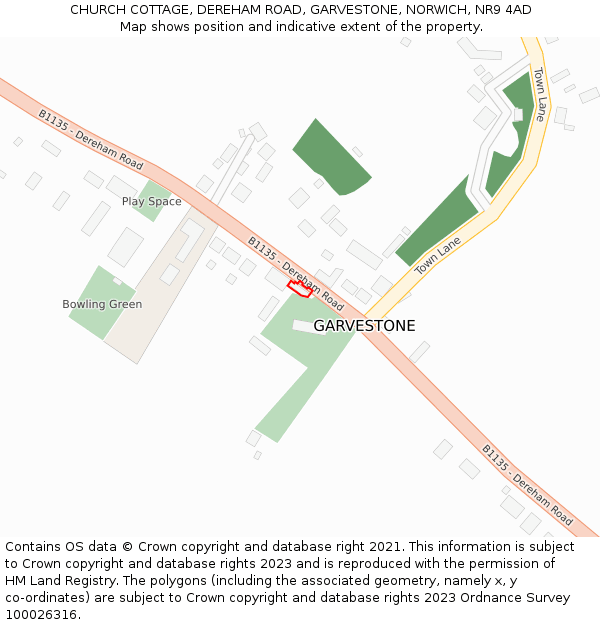 CHURCH COTTAGE, DEREHAM ROAD, GARVESTONE, NORWICH, NR9 4AD: Location map and indicative extent of plot
