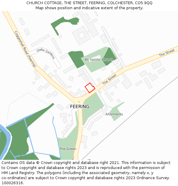 CHURCH COTTAGE, THE STREET, FEERING, COLCHESTER, CO5 9QQ: Location map and indicative extent of plot
