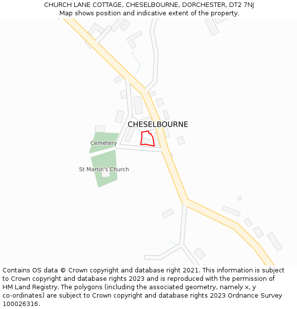CHURCH LANE COTTAGE, CHESELBOURNE, DORCHESTER, DT2 7NJ: Location map and indicative extent of plot