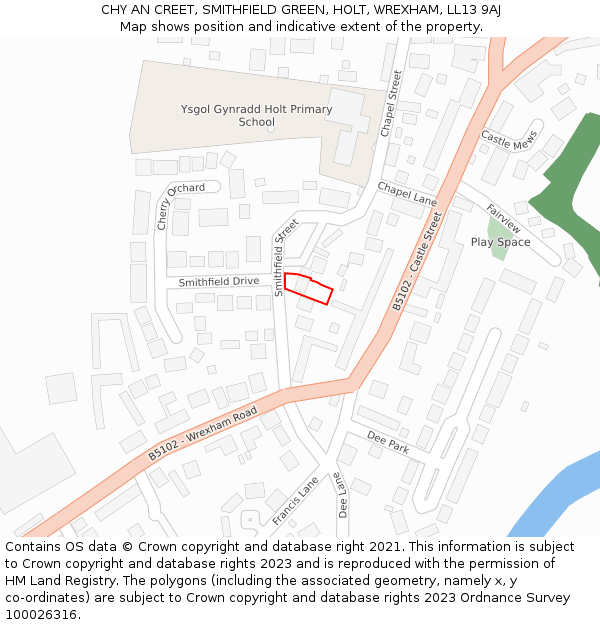 CHY AN CREET, SMITHFIELD GREEN, HOLT, WREXHAM, LL13 9AJ: Location map and indicative extent of plot