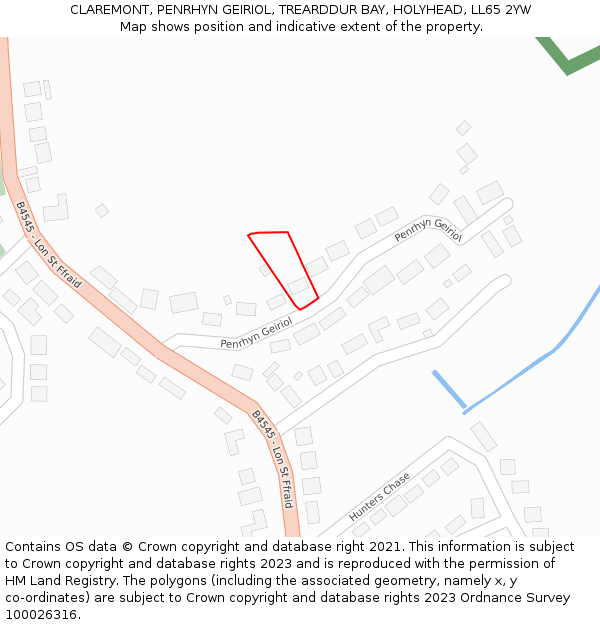 CLAREMONT, PENRHYN GEIRIOL, TREARDDUR BAY, HOLYHEAD, LL65 2YW: Location map and indicative extent of plot
