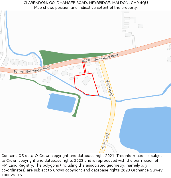 CLARENDON, GOLDHANGER ROAD, HEYBRIDGE, MALDON, CM9 4QU: Location map and indicative extent of plot