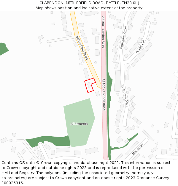 CLARENDON, NETHERFIELD ROAD, BATTLE, TN33 0HJ: Location map and indicative extent of plot