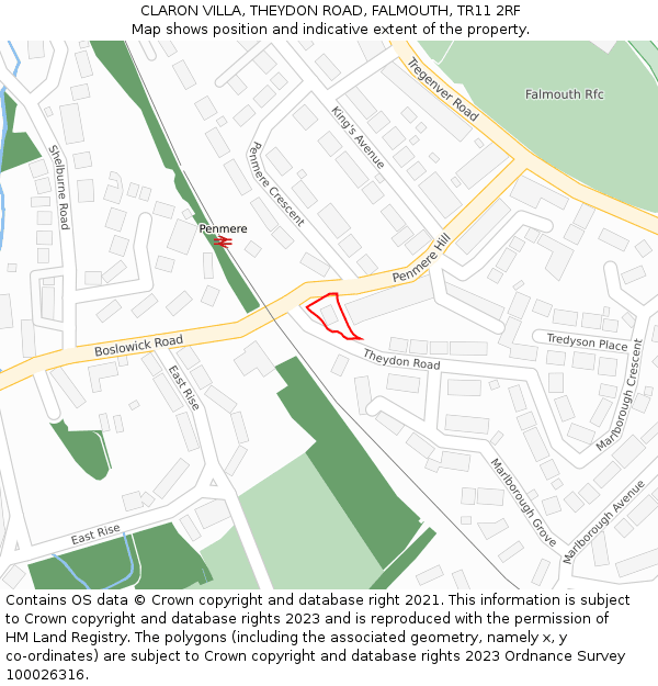 CLARON VILLA, THEYDON ROAD, FALMOUTH, TR11 2RF: Location map and indicative extent of plot