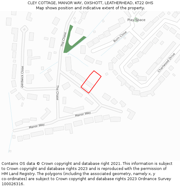 CLEY COTTAGE, MANOR WAY, OXSHOTT, LEATHERHEAD, KT22 0HS: Location map and indicative extent of plot