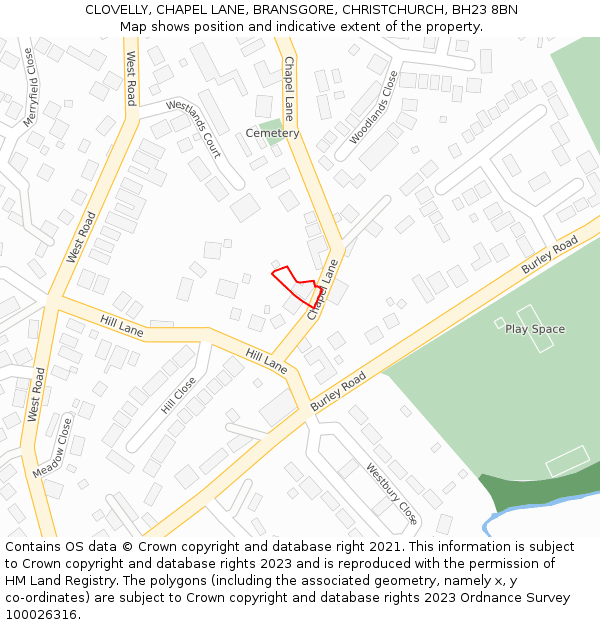 CLOVELLY, CHAPEL LANE, BRANSGORE, CHRISTCHURCH, BH23 8BN: Location map and indicative extent of plot