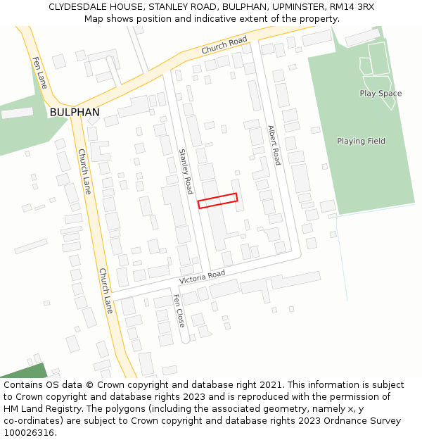CLYDESDALE HOUSE, STANLEY ROAD, BULPHAN, UPMINSTER, RM14 3RX: Location map and indicative extent of plot