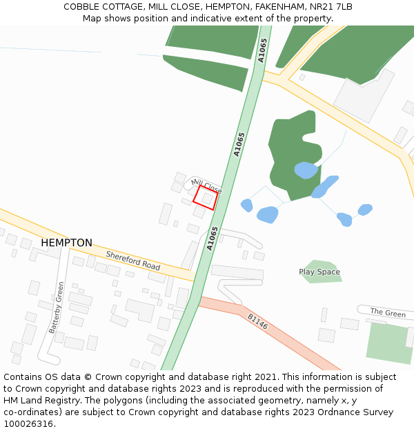 COBBLE COTTAGE, MILL CLOSE, HEMPTON, FAKENHAM, NR21 7LB: Location map and indicative extent of plot