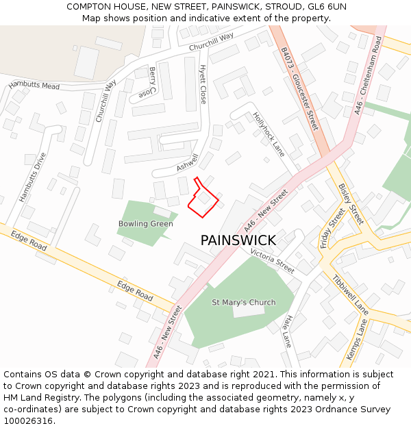 COMPTON HOUSE, NEW STREET, PAINSWICK, STROUD, GL6 6UN: Location map and indicative extent of plot