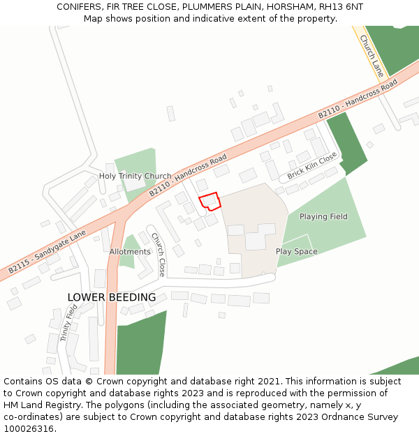 CONIFERS, FIR TREE CLOSE, PLUMMERS PLAIN, HORSHAM, RH13 6NT: Location map and indicative extent of plot
