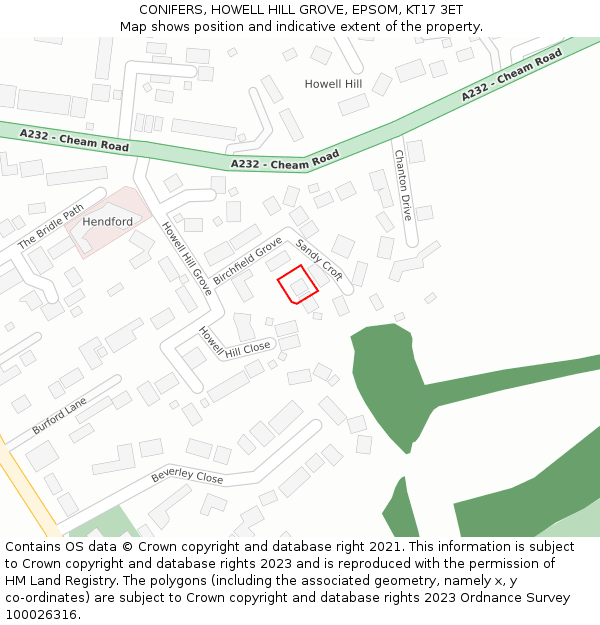 CONIFERS, HOWELL HILL GROVE, EPSOM, KT17 3ET: Location map and indicative extent of plot