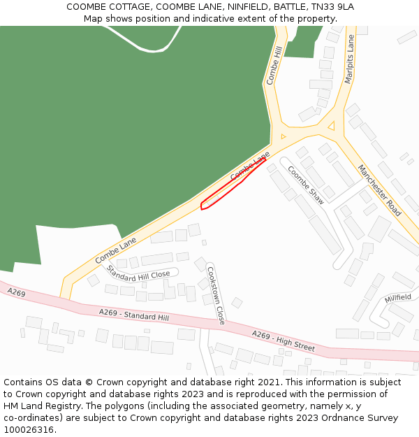 COOMBE COTTAGE, COOMBE LANE, NINFIELD, BATTLE, TN33 9LA: Location map and indicative extent of plot