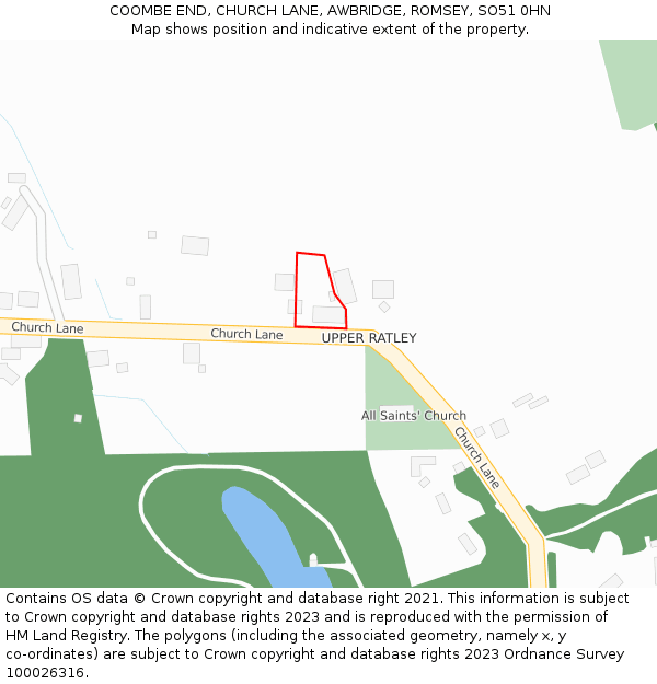 COOMBE END, CHURCH LANE, AWBRIDGE, ROMSEY, SO51 0HN: Location map and indicative extent of plot
