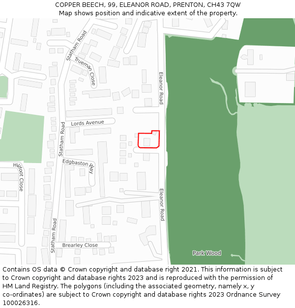COPPER BEECH, 99, ELEANOR ROAD, PRENTON, CH43 7QW: Location map and indicative extent of plot