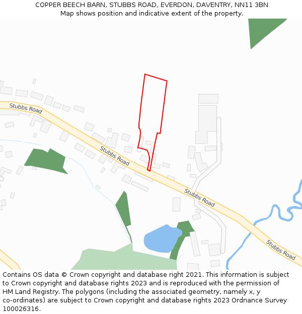 COPPER BEECH BARN, STUBBS ROAD, EVERDON, DAVENTRY, NN11 3BN: Location map and indicative extent of plot