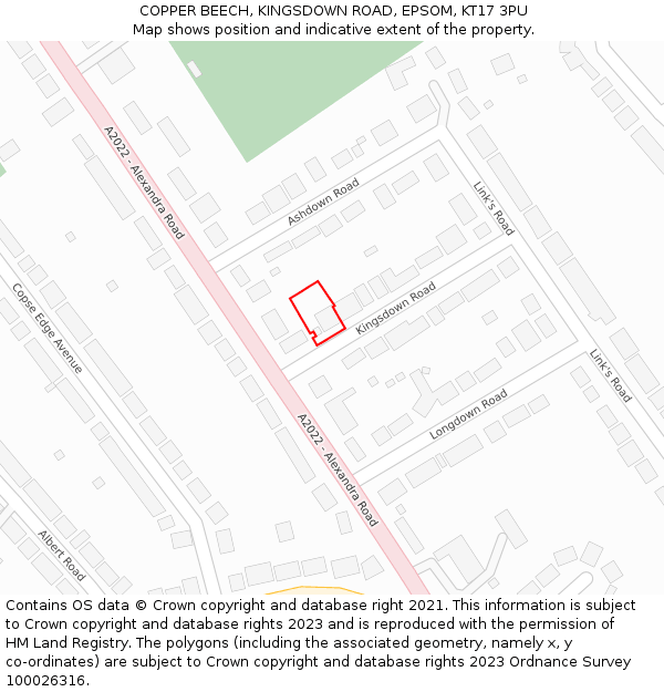 COPPER BEECH, KINGSDOWN ROAD, EPSOM, KT17 3PU: Location map and indicative extent of plot