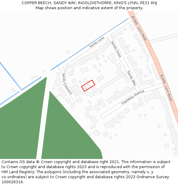 COPPER BEECH, SANDY WAY, INGOLDISTHORPE, KING'S LYNN, PE31 6NJ: Location map and indicative extent of plot