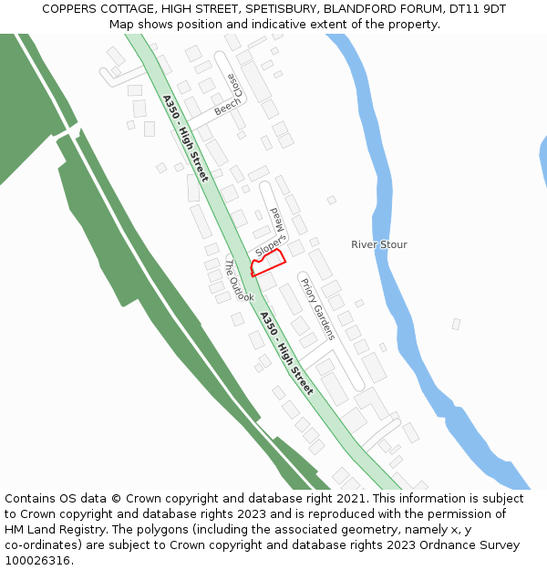 COPPERS COTTAGE, HIGH STREET, SPETISBURY, BLANDFORD FORUM, DT11 9DT: Location map and indicative extent of plot