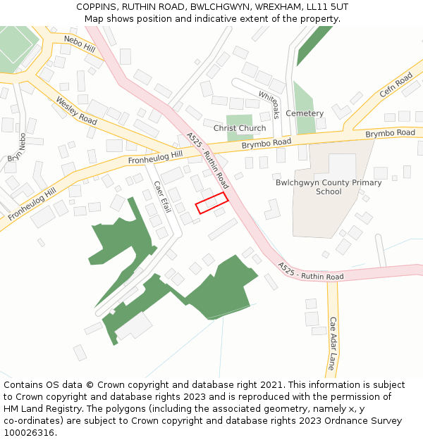COPPINS, RUTHIN ROAD, BWLCHGWYN, WREXHAM, LL11 5UT: Location map and indicative extent of plot