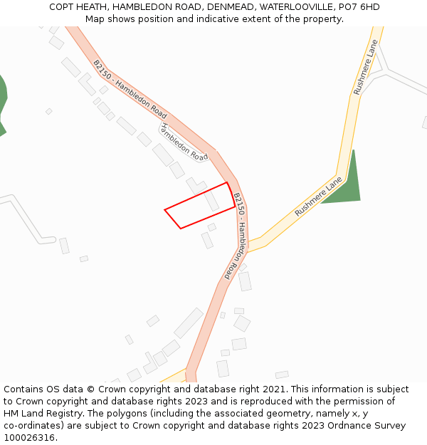 COPT HEATH, HAMBLEDON ROAD, DENMEAD, WATERLOOVILLE, PO7 6HD: Location map and indicative extent of plot