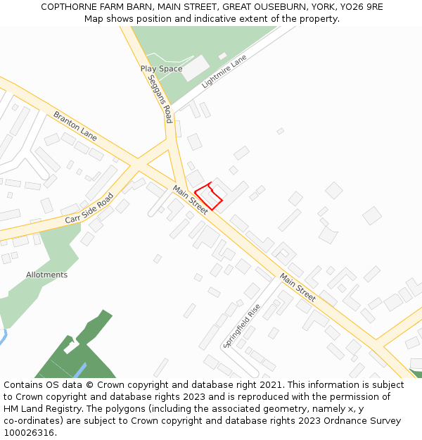 COPTHORNE FARM BARN, MAIN STREET, GREAT OUSEBURN, YORK, YO26 9RE: Location map and indicative extent of plot