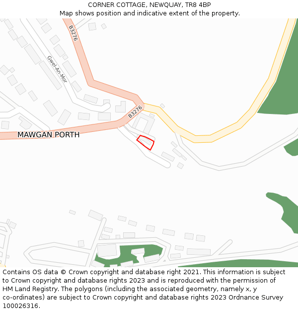 CORNER COTTAGE, NEWQUAY, TR8 4BP: Location map and indicative extent of plot