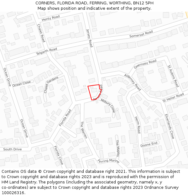CORNERS, FLORIDA ROAD, FERRING, WORTHING, BN12 5PH: Location map and indicative extent of plot