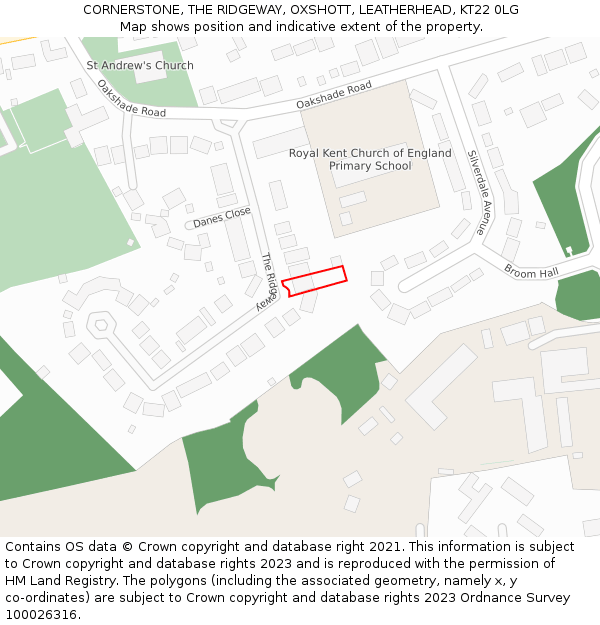 CORNERSTONE, THE RIDGEWAY, OXSHOTT, LEATHERHEAD, KT22 0LG: Location map and indicative extent of plot