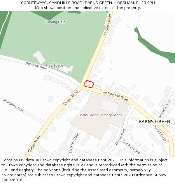 CORNERWAYS, SANDHILLS ROAD, BARNS GREEN, HORSHAM, RH13 0PU: Location map and indicative extent of plot