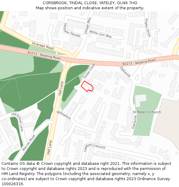CORSBROOK, TINDAL CLOSE, YATELEY, GU46 7HG: Location map and indicative extent of plot