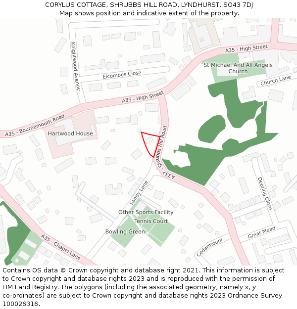 CORYLUS COTTAGE, SHRUBBS HILL ROAD, LYNDHURST, SO43 7DJ: Location map and indicative extent of plot