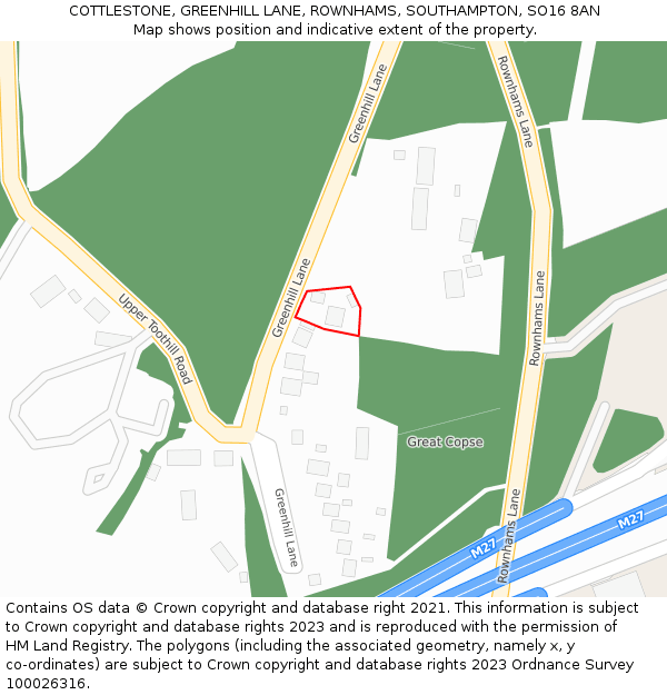 COTTLESTONE, GREENHILL LANE, ROWNHAMS, SOUTHAMPTON, SO16 8AN: Location map and indicative extent of plot