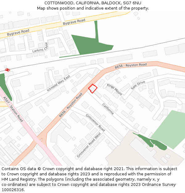 COTTONWOOD, CALIFORNIA, BALDOCK, SG7 6NU: Location map and indicative extent of plot