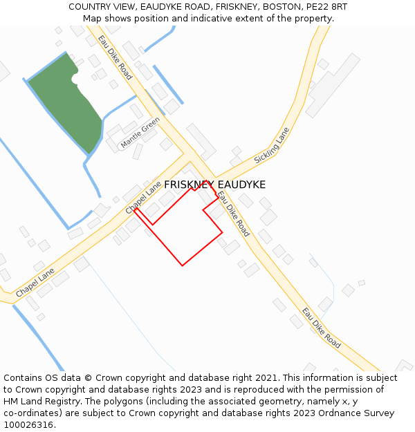 COUNTRY VIEW, EAUDYKE ROAD, FRISKNEY, BOSTON, PE22 8RT: Location map and indicative extent of plot