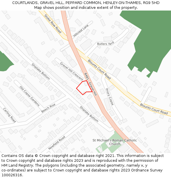 COURTLANDS, GRAVEL HILL, PEPPARD COMMON, HENLEY-ON-THAMES, RG9 5HD: Location map and indicative extent of plot