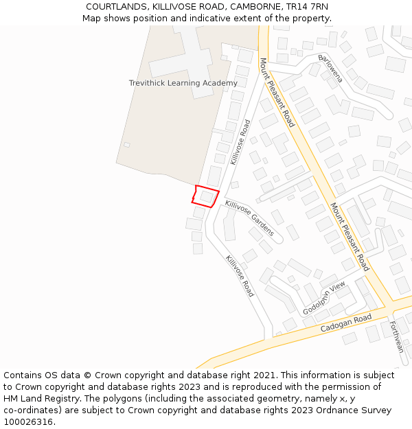 COURTLANDS, KILLIVOSE ROAD, CAMBORNE, TR14 7RN: Location map and indicative extent of plot