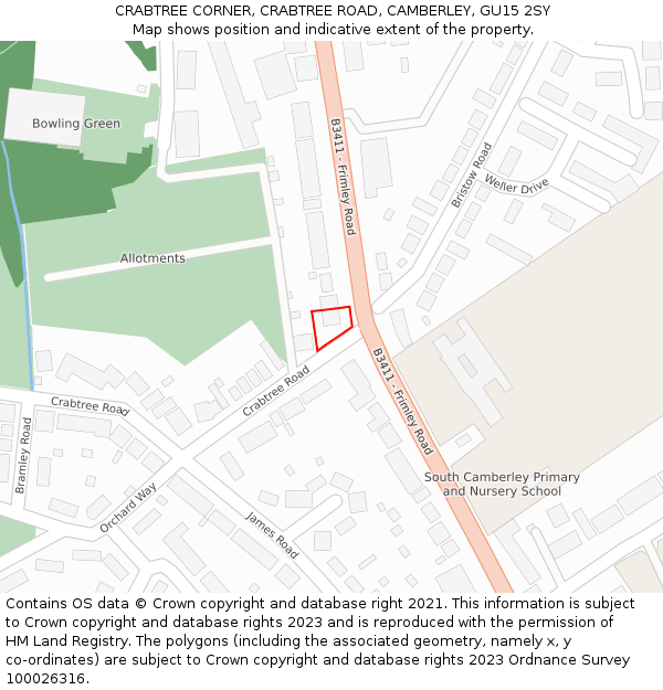 CRABTREE CORNER, CRABTREE ROAD, CAMBERLEY, GU15 2SY: Location map and indicative extent of plot