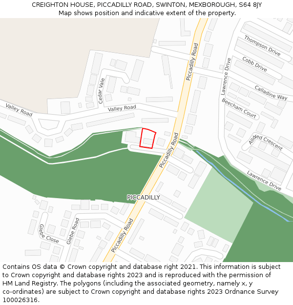 CREIGHTON HOUSE, PICCADILLY ROAD, SWINTON, MEXBOROUGH, S64 8JY: Location map and indicative extent of plot